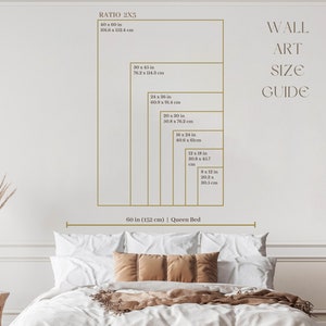 May include: A guide for choosing the right size wall art for a queen-sized bed. The guide shows different sizes of wall art in inches and centimeters, with the largest size being 40 inches by 60 inches (101.6 cm by 152.4 cm).