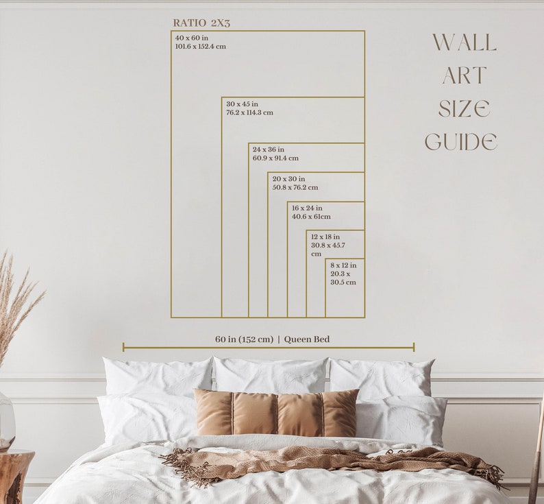 May include: A guide for choosing the right size wall art for a queen-sized bed. The guide shows different sizes of wall art in inches and centimeters, with the largest size being 40 inches by 60 inches (101.6 cm by 152.4 cm).