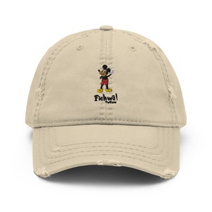 May include: A beige distressed baseball cap with an embroidered image of Mickey Mouse and the text "Fichwa! Follow".