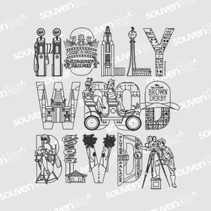 May include: A black and white illustration of the Hollywood sign with various landmarks and businesses from the area. The sign is made up of the letters "HOLLYWOOD" with each letter representing a different landmark. The letters "HOLLY" are made up of buildings, the letter "W" is a pagoda, the letter "O" is a car, the letter "O" is a hat, the letter "D" is a movie camera, and the letter "D" is a palm tree.