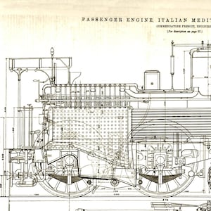 May include: A detailed line drawing of a passenger engine for the Italian Mediterranean Railway. The drawing shows the engine's side profile, with dimensions labeled in inches. The drawing also includes a cross-section view of the engine's underside.