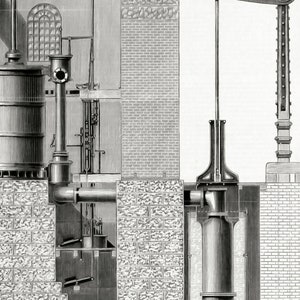 May include: A black and white illustration of a large, 84-inch Cornish engine at Claycross Colliery. The engine was constructed by the Butterley Iron Company and designed by Mr. W. Howe. The illustration shows a cross-section of the engine, including the steam cylinder, the beam, and the pump rod.
