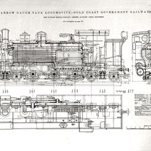 Pode incluir: Um desenho técnico detalhado em preto e branco de uma locomotiva de tanque de bitola estreita. O desenho mostra as vistas laterais e superiores da locomotiva, bem como uma seção transversal do motor. O desenho é rotulado como "Locomotiva de tanque de bitola estreita - Ferrovias do governo da Costa do Ouro" e "The Engineer, 16 de fevereiro de 1915".