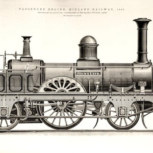Puede incluir: Una ilustración en blanco y negro de una locomotora de vapor, la "Jenny Lind", construida para el Midland Railway en 1848. La locomotora se muestra de perfil, con sus ruedas y otros detalles claramente visibles.
