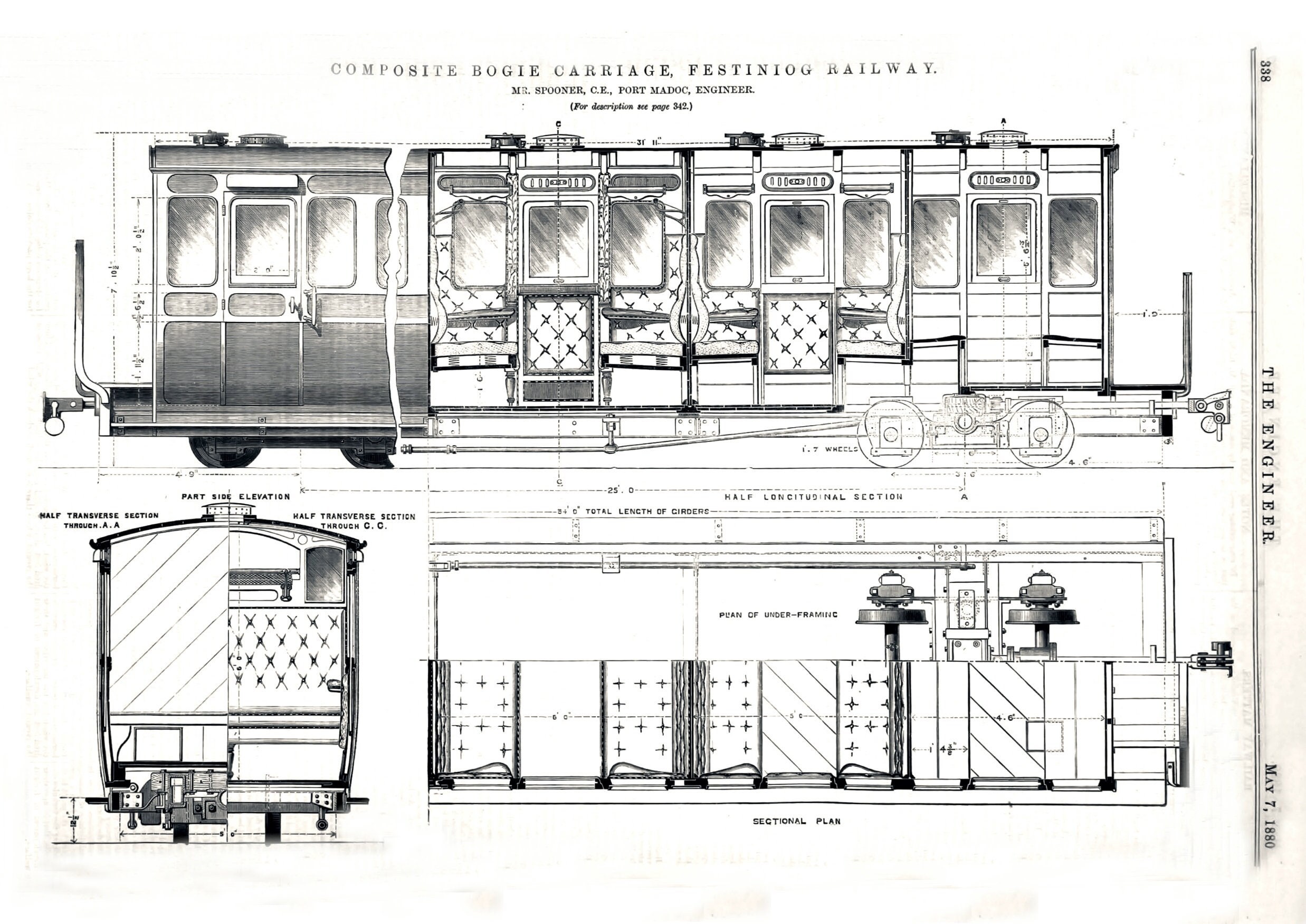 1880's New Bogie Composite Carriage for The Festiniog Railway, Designed by Mr. Spooner C.E. Port Madoc Engineer.