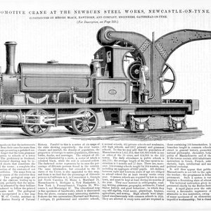 Może przedstawiać: Czarno-biała ilustracja lokomotywy z żurawiem w Newburn Steel Works, Newcastle-on-Tyne. Żuraw został zbudowany przez firmę Messrs. Black, Hawthorn and Company, inżynierów, Gateshead-on-Tyne.