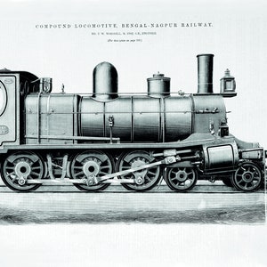 Puede incluir: Una ilustración en blanco y negro de una locomotora de vapor, etiquetada como "Compound Locomotive, Bengal-Nagpur Railway". La locomotora se muestra de perfil, con sus ruedas y otros detalles claramente visibles. La imagen es de "The Engineer", del 22 de junio de 1888.
