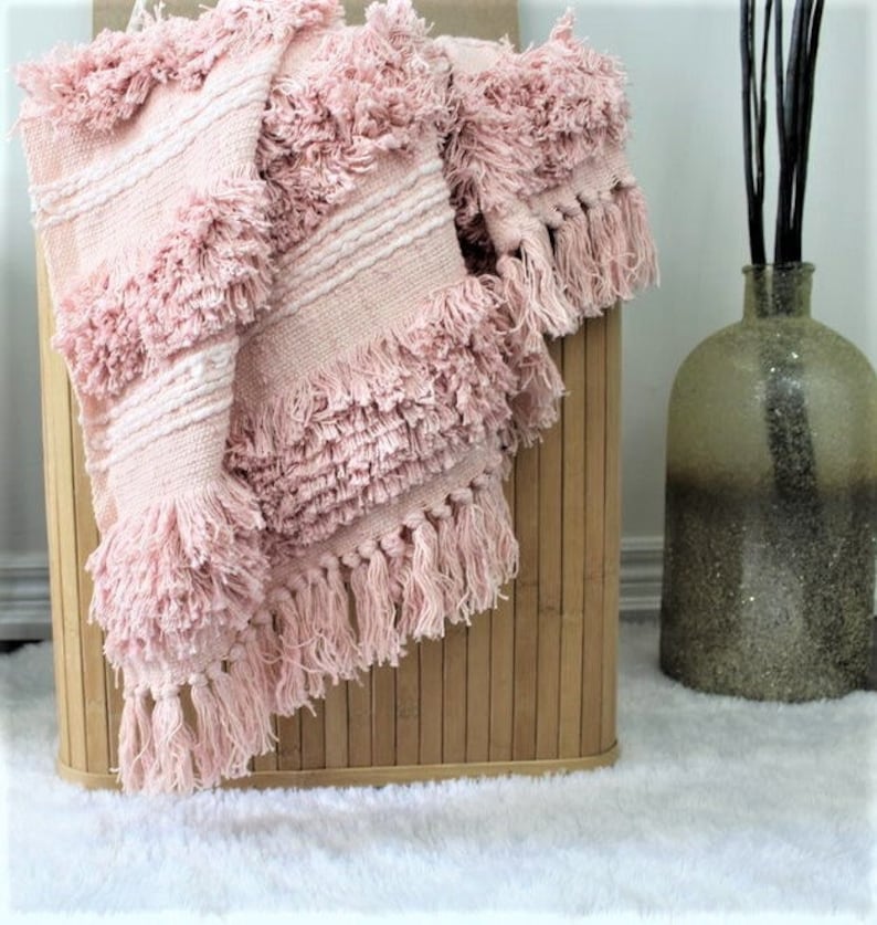 Throw blanket | Handmade Blankets | Boho Throw Blanket | Fringe Throw | Colorful Blanket, pink throw blanket | Blanket, Boho Throw,67"x51" image 1