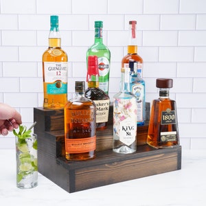 Tiered Liquor Bottle Display Shelf - Bar Shelves - Customizable length 2 and 3 Tiered Wood Display Shelf Organizer for Home Bar