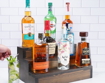 Tiered Liquor Bottle Display Shelf - Bar Shelves - Customizable length 2 and 3 Tiered Wood Display Shelf Organizer for Home Bar