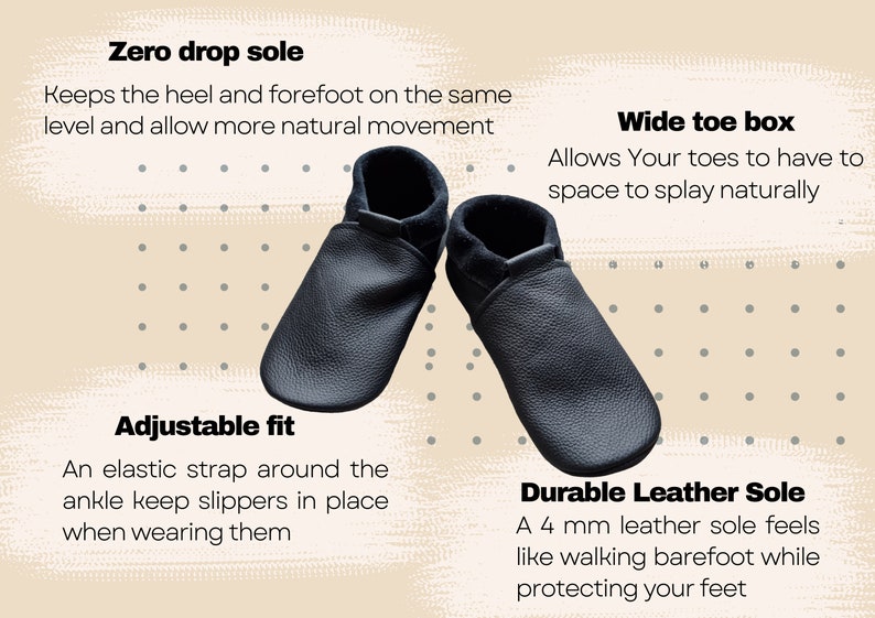 May include: Black leather slippers with a wide toe box, adjustable ankle strap, and a 4 mm durable leather sole. The slippers have a zero drop sole, which keeps the heel and forefoot at the same level.