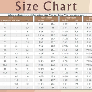 May include: Size chart for shoes, showing European, US Women's, US Men's, and UK sizes, along with corresponding foot length and width measurements in inches and centimeters.