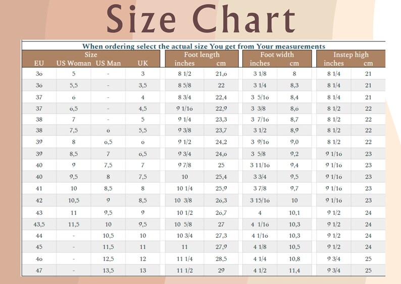May include: Size chart for shoes, showing European, US Women's, US Men's, and UK sizes, along with corresponding foot length and width measurements in inches and centimeters.
