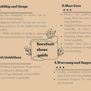May include: A beige guide with text about barefoot shoes. The guide includes sections on suitability, shoe care, health guidelines, and warranty. Decorative floral elements surround the central text box that reads "Barefoot shoes guide."