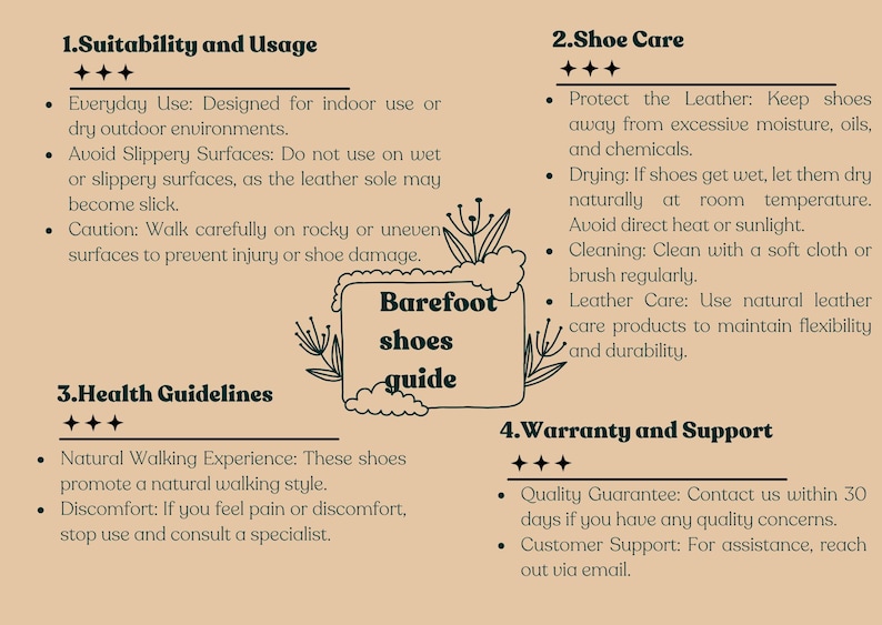 May include: A beige guide with text about barefoot shoes. The guide includes sections on suitability, shoe care, health guidelines, and warranty. Decorative floral elements surround the central text box that reads "Barefoot shoes guide."