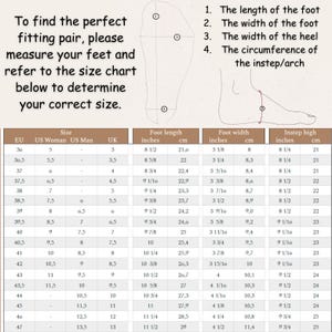 May include: A size chart for shoes with measurements in inches and centimeters. The chart includes European, US Women's, US Men's, and UK sizes. The chart also includes measurements for foot length, foot width, and instep height.