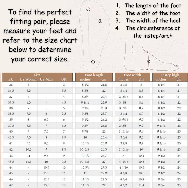 May include: A size chart for shoes with measurements in inches and centimeters. The chart includes European, US Women's, US Men's, and UK sizes. The chart also includes measurements for foot length, foot width, and instep height.