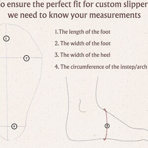 May include: Diagram showing how to measure your foot for custom slippers. The diagram shows four measurements: length, width, heel width, and instep/arch circumference.