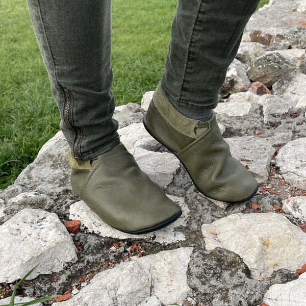 Leder Barfußschuhe, Outdoor Ledersohle Minimalistische Schuhe - Farbe Moosgrün