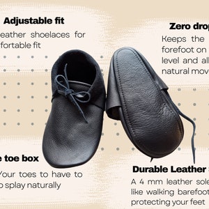May include: Black leather moccasins with adjustable laces and a wide toe box. The shoes have a 4 mm leather sole and a zero drop design.