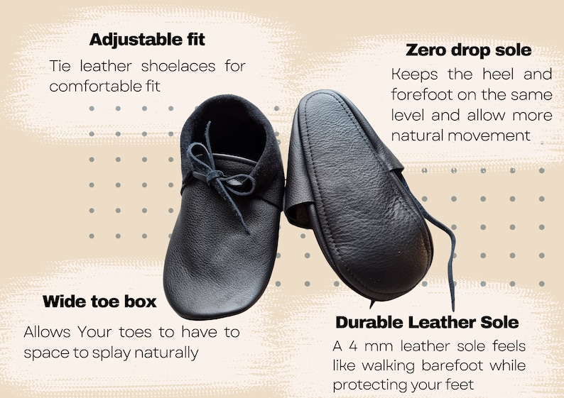 May include: Black leather moccasins with adjustable laces and a wide toe box. The shoes have a 4 mm leather sole and a zero drop design.
