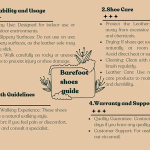 May include: A guide to barefoot shoes, with information on suitability and usage, shoe care, health guidelines, and warranty and support. The guide is illustrated with a hand-drawn image of a shoe with the words "Barefoot shoes guide" written inside.