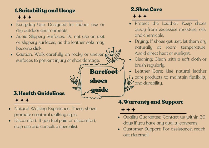 May include: A guide to barefoot shoes, with information on suitability and usage, shoe care, health guidelines, and warranty and support. The guide is illustrated with a hand-drawn image of a shoe with the words "Barefoot shoes guide" written inside.
