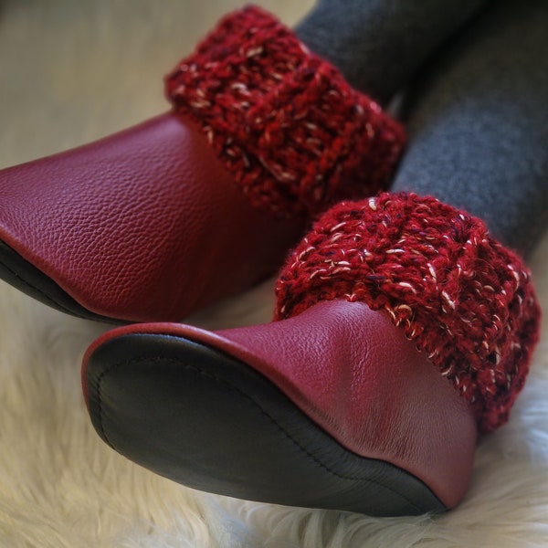 Leather ugg boots, Wool Slippers with Leather base, Cozy winter indoor boots