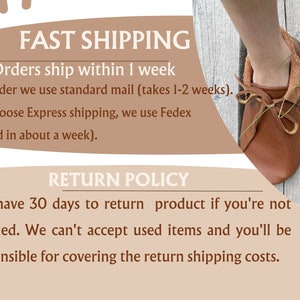 May include: A text-based image with a brown background and white text. The text reads "FAST SHIPPING" and "Orders ship within 1 week". Below that, the text reads "For all order we use standard mail (takes 1-2 weeks). If You choose Express shipping, we use Fedex (delivered in about a week)." The text then reads "RETURN POLICY" and "You have 30 days to return product if you're not satisfied. We can't accept used items and you'll be responsible for covering the return shipping costs."