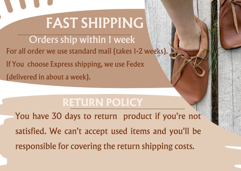 May include: A text-based image with a brown background and white text. The text reads "FAST SHIPPING" and "Orders ship within 1 week". Below that, the text reads "For all order we use standard mail (takes 1-2 weeks). If You choose Express shipping, we use Fedex (delivered in about a week)." The text then reads "RETURN POLICY" and "You have 30 days to return product if you're not satisfied. We can't accept used items and you'll be responsible for covering the return shipping costs."