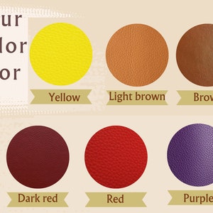 May include: Choose your favorite color or two color mix!  A selection of ten leather swatches in various colors, including yellow, light brown, brown, dark brown, black, dark red, red, purple, and light green.