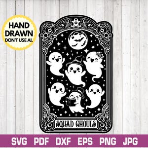 Carta de tarô Squad Ghouls SVG, cartas de tarô de Halloween, fantasma fofo kawaii, cartas de tarô, camisetas engraçadas de fantasmas, designer de cartas de tarô, cartas de tarô de anime