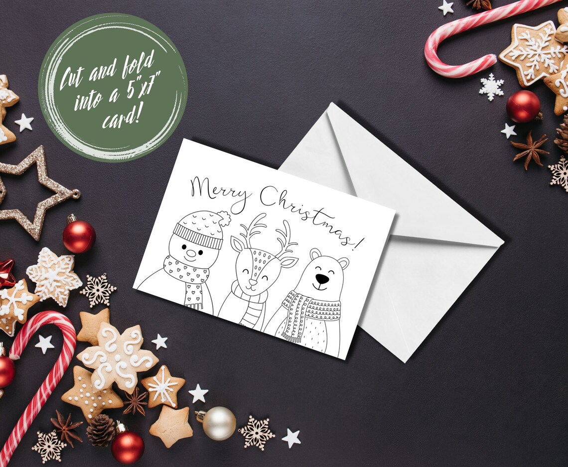 Printable Instant Download, 5x7 Colorable Christmas Card, Christmas ...