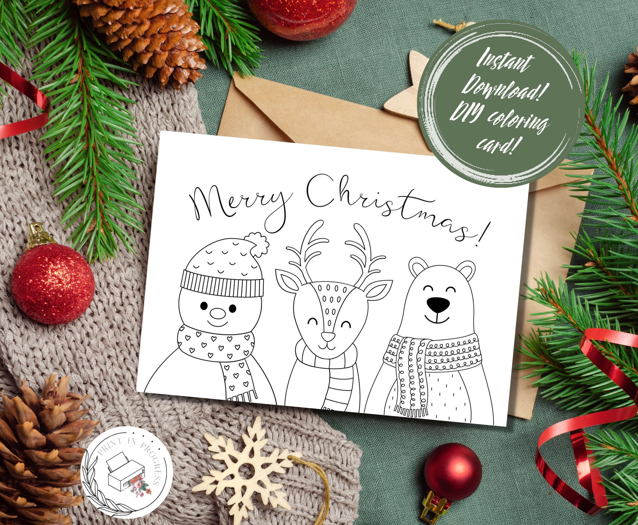 Printable Instant Download, 5x7 Colorable Christmas Card, Christmas