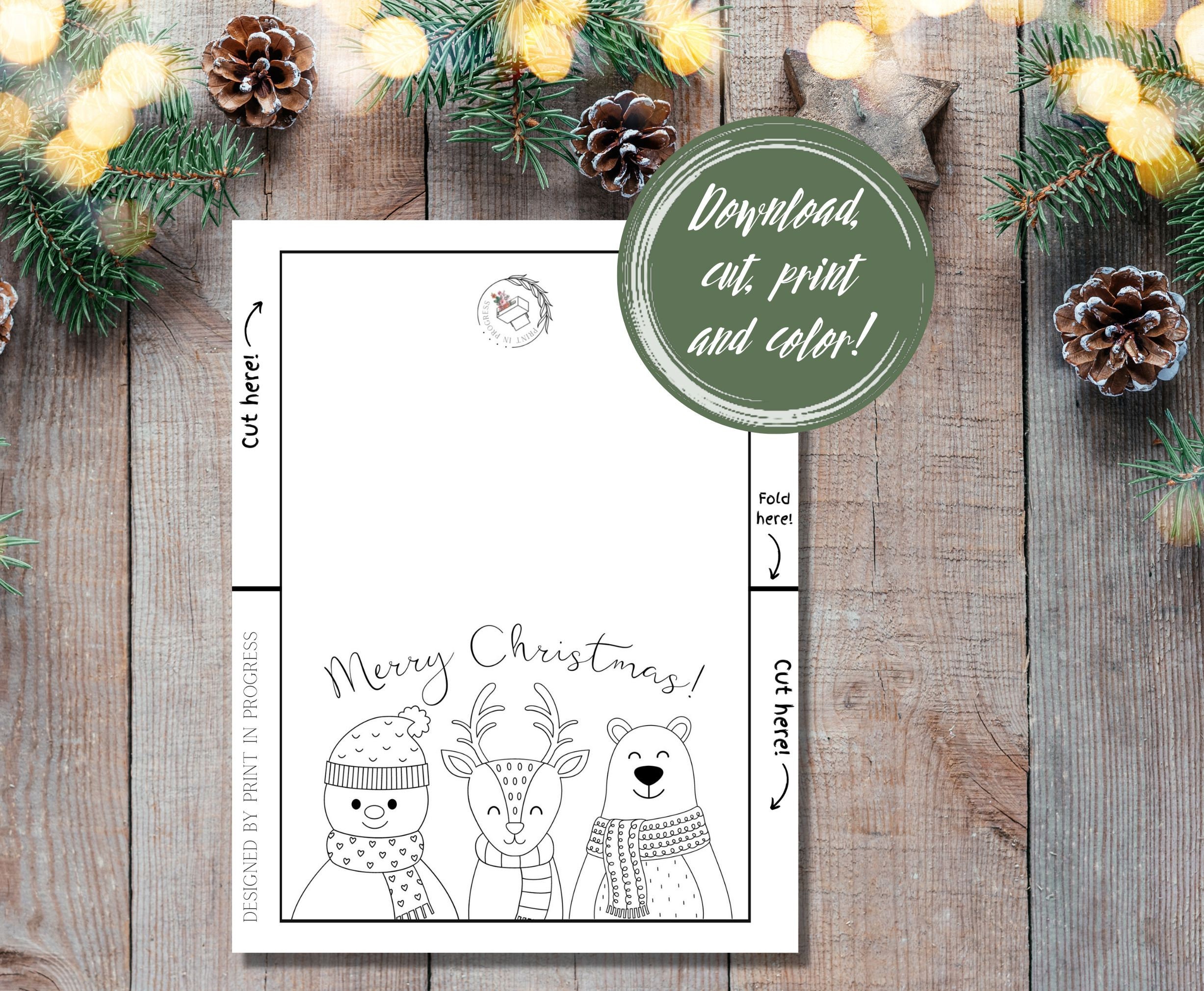 Printable Instant Download, 5x7 Colorable Christmas Card, Christmas ...
