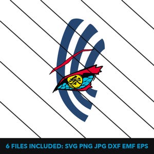 May include: A graphic design featuring a stylized eye with red, blue, and yellow accents, set against a backdrop of blue curved lines and diagonal black lines on a white background. The text "6 FILES INCLUDED: SVG PNG JPG DXF EMF EPS" is at the bottom.