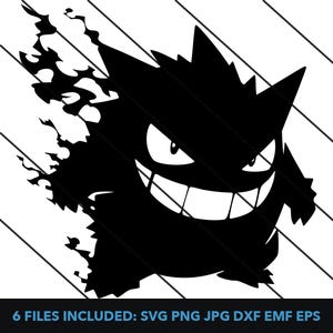 Peut inclure: Silhouette noire et blanche d'un personnage de Pokemon ressemblant à un fantôme avec un large sourire et des yeux brillants. Le personnage est partiellement obscurci par une forme dentelée ressemblant à une flamme.