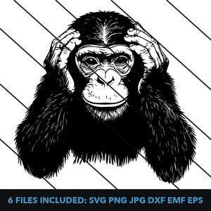 May include: Black and white illustration of a monkey covering its ears with its hands. The monkey has a serious expression on its face.