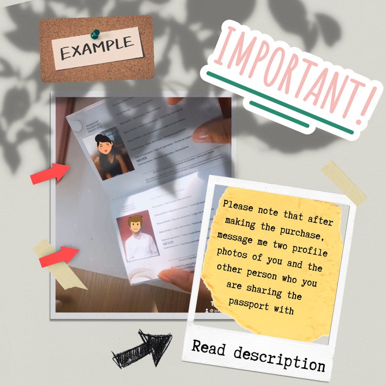 Op de afbeelding: Een open paspoort met twee profielfoto's, een van een vrouw en een van een man. De afbeelding bevat een prikbord met het woord "EXAMPLE" en een sticker met de tekst "IMPORTANT!" met een bericht.