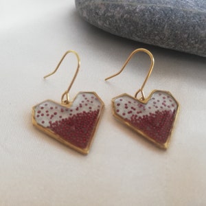 Golden Heart Earrings with Red Beads in Epoxy Resin
