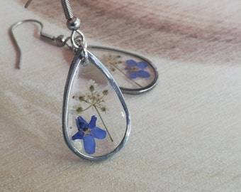 Pendientes de acero inoxidable, flores reales, nomeolvides, zanahoria silvestre, hipoalergénico, forma de lágrima, flores azules, flores de pradera, pendientes ligeros