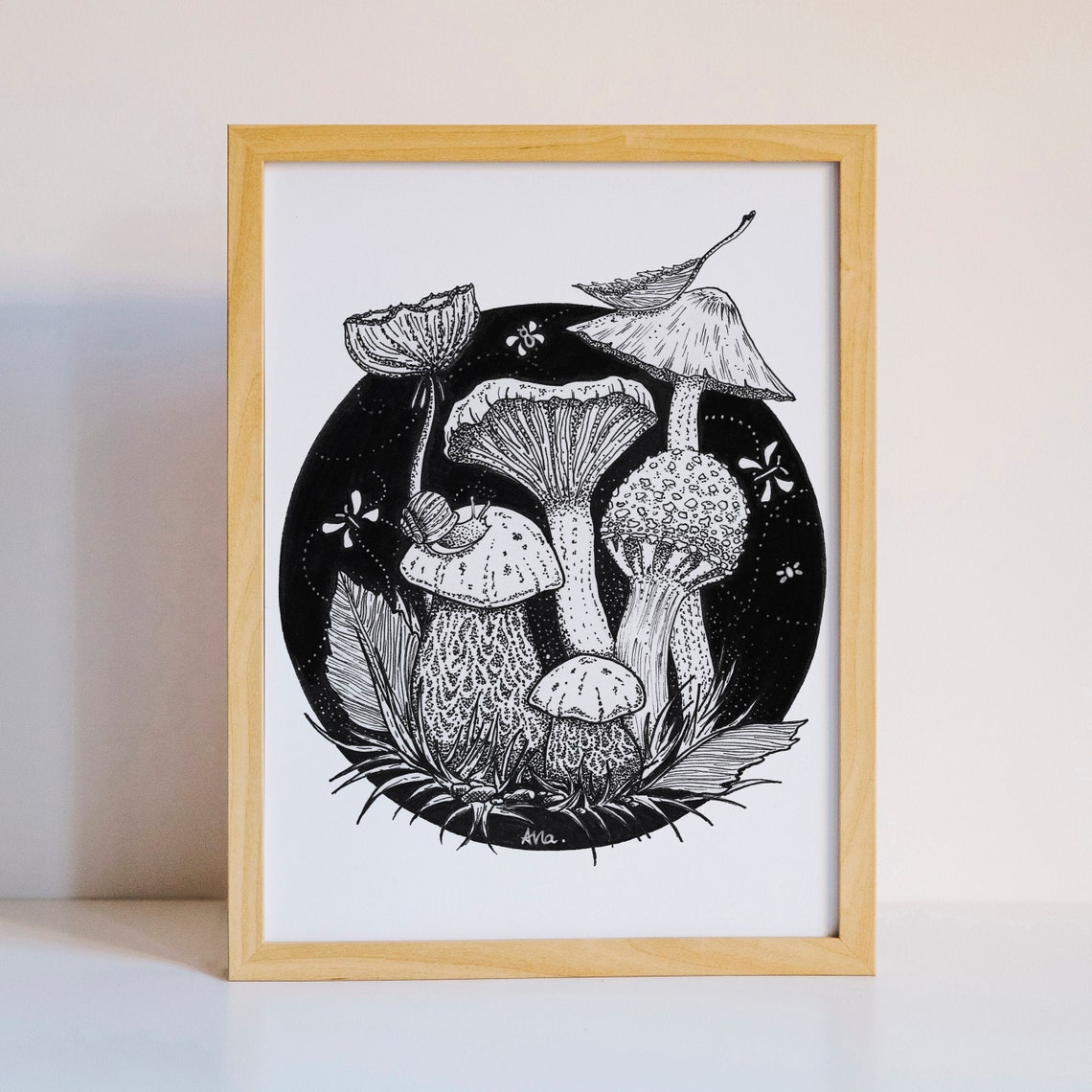 Mushrooms ink illustration art print | Etsy