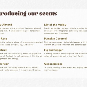 May include: A graphic with a list of ten different scents, each with a short description. The scents are: Honey Almond, Fresh Rose, Lily of the Valley, Pumpkin Caramel, Grapefruit, Fig and Ginger, English Pear, and Ocean Breeze.