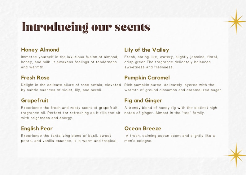 May include: A graphic with a list of ten different scents, each with a short description. The scents are: Honey Almond, Fresh Rose, Lily of the Valley, Pumpkin Caramel, Grapefruit, Fig and Ginger, English Pear, and Ocean Breeze.