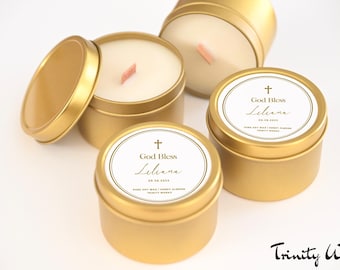 Custom Baptism Favours - Candle Favour for Baptism - Personalized Baptism Favours for Guests - First Communion Favours - 4oz Gold Tin Candle