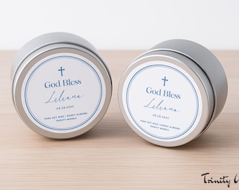 Baptism Favors - Candle Favors for Baptism in Silver Tins - Personalized Baptism Favors Blue Label - First Communion Favors - 4oz Tin Candle