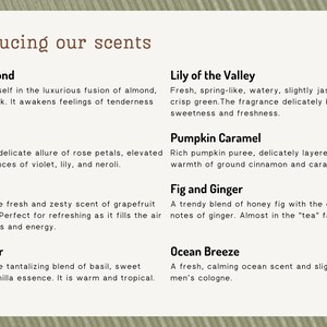 May include: A text-based graphic with the title "Introducing our scents" and a list of ten different scents with descriptions. The scents are: Honey Almond, Fresh Rose, Lily of the Valley, Pumpkin Caramel, Grapefruit, Fig and Ginger, English Pear, and Ocean Breeze.