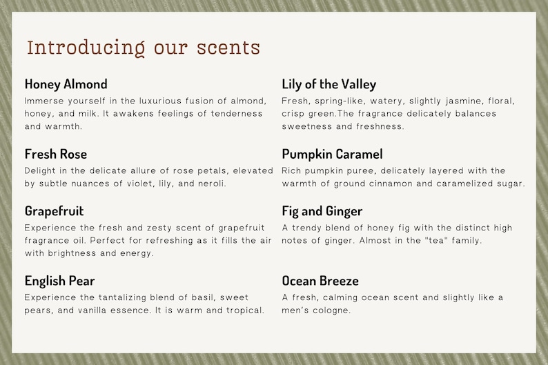 May include: A text-based graphic with the title "Introducing our scents" and a list of ten different scents with descriptions. The scents are: Honey Almond, Fresh Rose, Lily of the Valley, Pumpkin Caramel, Grapefruit, Fig and Ginger, English Pear, and Ocean Breeze.