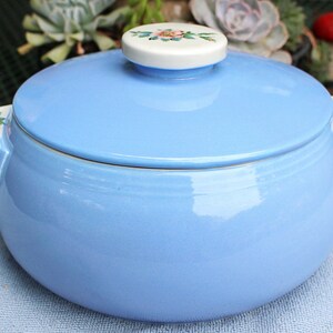 Vintage Rose Parade  Cadet Blue Hall Pottery  Casserole Dish With Lid  Floral Handles And Knob