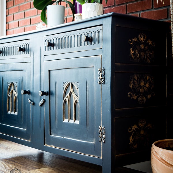 SOLD!  Blue Sideboard, Vintage Cabinet, Upcycled Furniture, Hand Painted Sideboard, Living room, Buffet